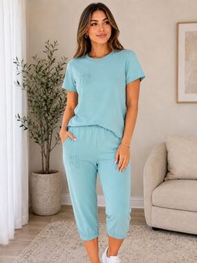 Women’s Lounge Set Sweatpants and T-Shirt in Aqua Blue, Size S